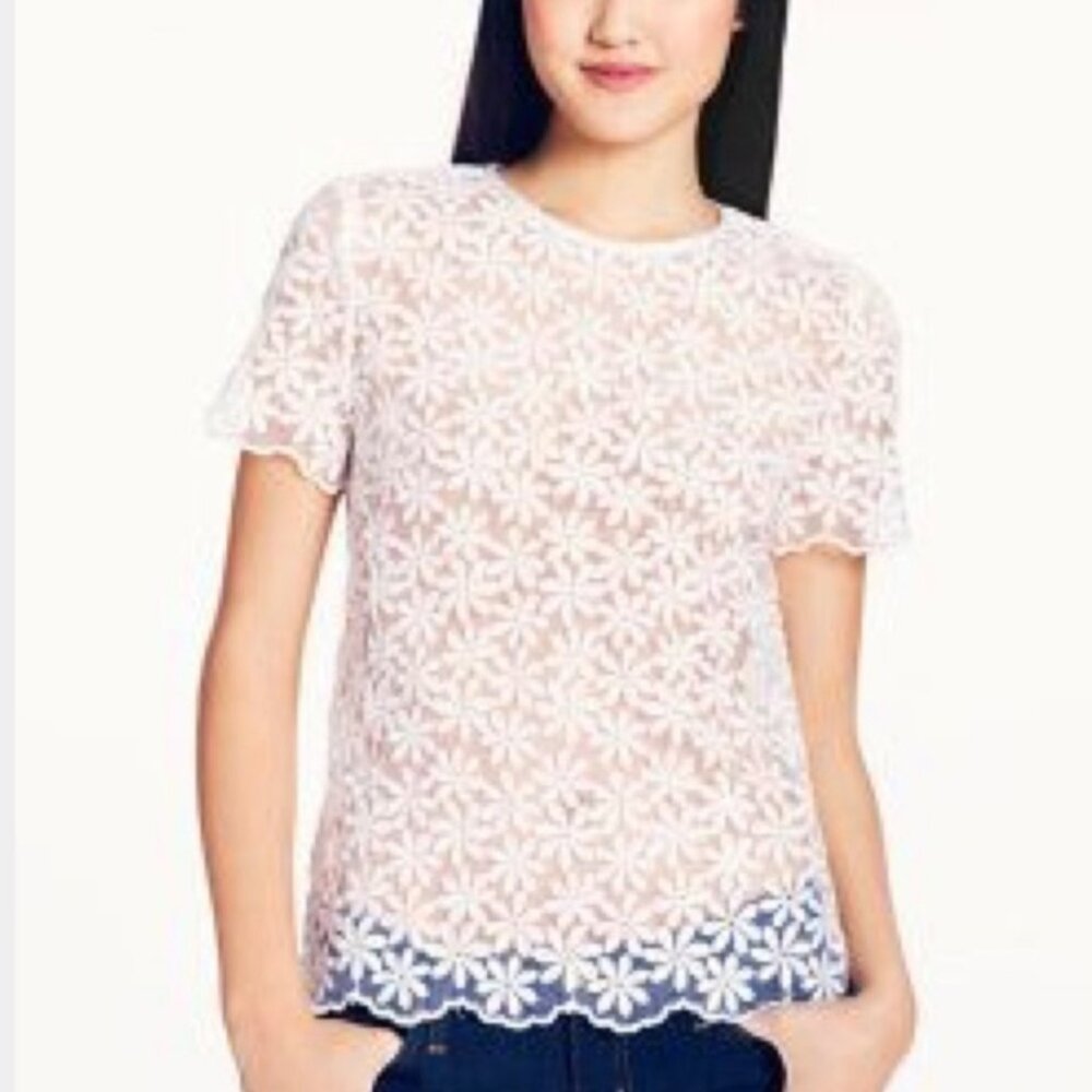 Kate Spade jacquard floral sheer scallop hem cotton blouse Sz S